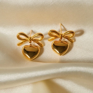 Ariana Heart Bow Knot Drop Earrings 18k Gold Plated